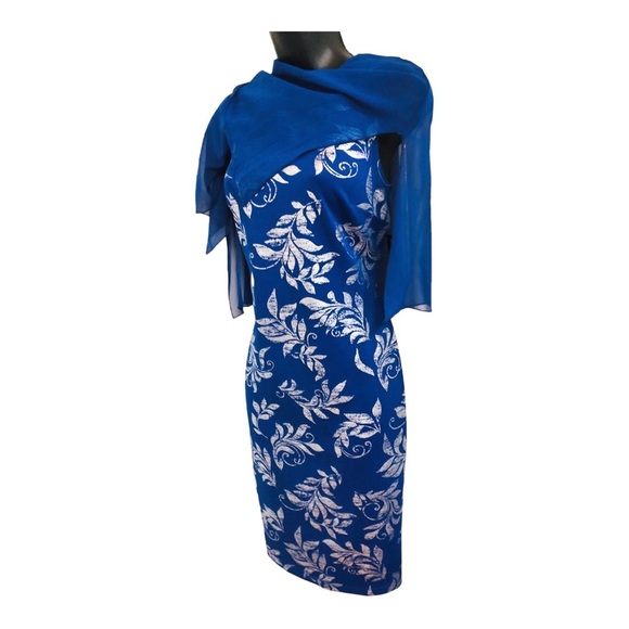 EnFocus studio blue sheer veil cape silver foil print sheath dress size 8P new - Picture 3 of 16